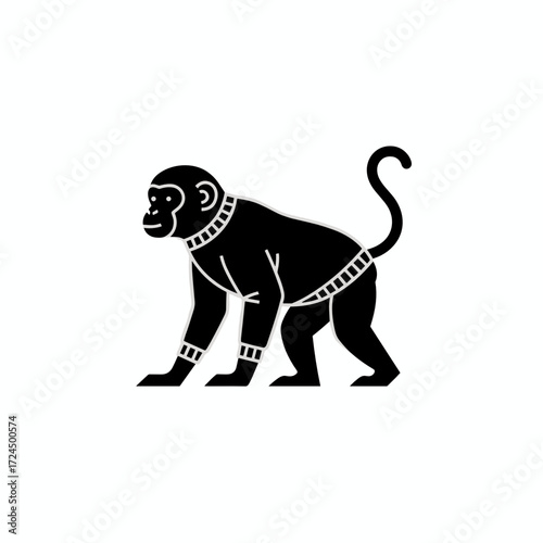 Black silhouette of a monkey walking on a white background  