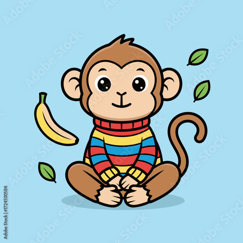Cute cartoon monkey sitting with banana and leaves on blue background  