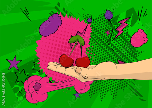 Cartoon, comic book human hands holding Cherry. Retro vector comics pop art design.