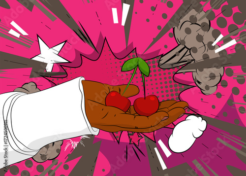 Cartoon, comic book human hands holding Cherry. Retro vector comics pop art design.