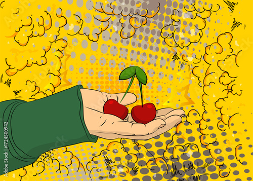 Cartoon, comic book human hands holding Cherry. Retro vector comics pop art design.