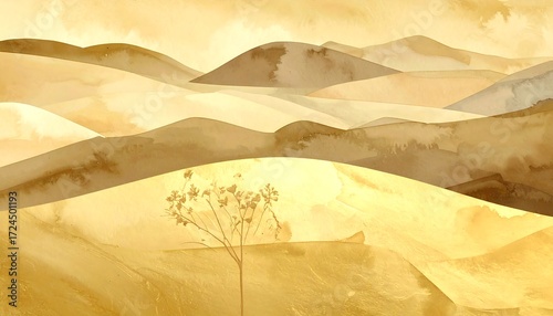 Watercolor landscape of hills and a small tree