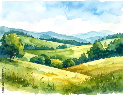 Watercolor landscape of rolling hills