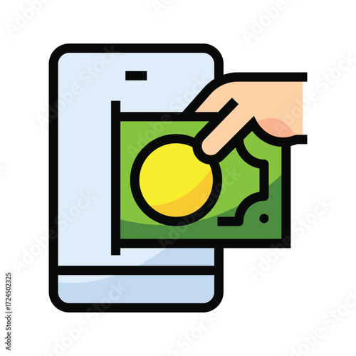 Hand inserting cash into a smartphone icon