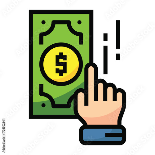 Hand touching a green banknote with a dollar sign coin