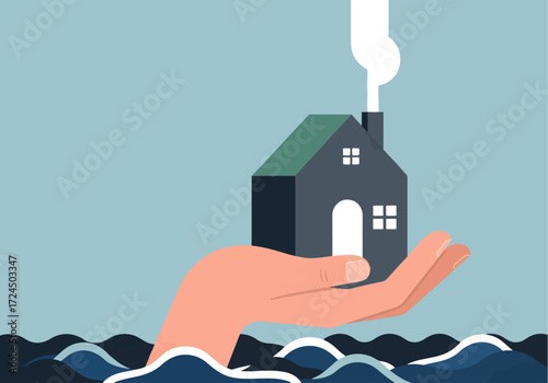 A steady hand emerges from turbulent waters, cradling a secure home as a symbol of unwavering house insurance protection against life's unpredictable currents.