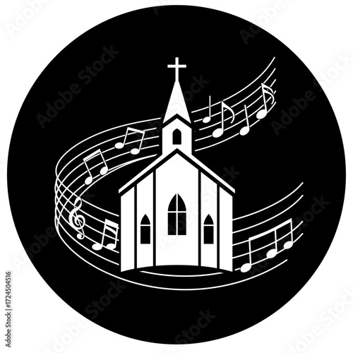 A white church building with cross above it is encircled by floating musical notes within black circle, representing the harmony of faith and song. Gospel concept.