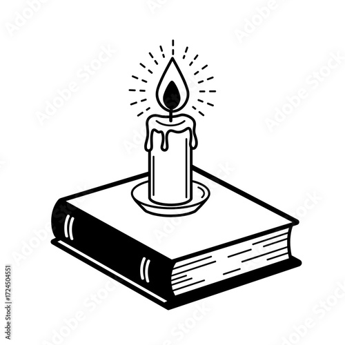 A solitary candle burns brightly on its saucer, sitting atop closed, bound book, casting gentle glow in the stillness of night. Gospel concept.