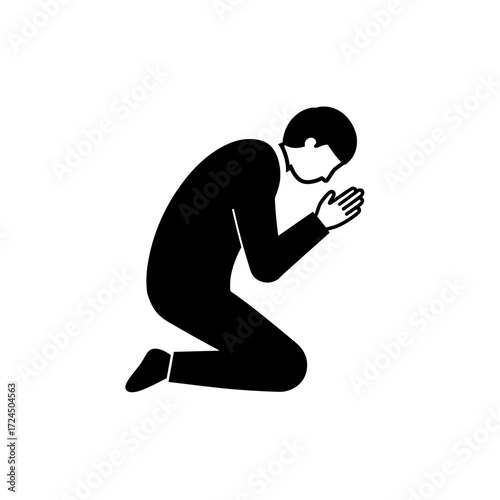 The graphic depicts a man in black suit kneeling with his head bowed and hands together possible act of praying, showing reverence or expressing deep emotion. Gospel concept.