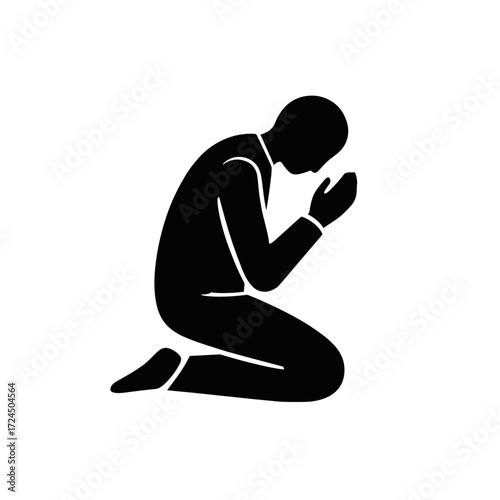 A stylized silhouette portrays man kneeling with his head bowed and hands raised in what appears to be prayer or deep contemplation, set against simple white backdrop. Gospel concept.
