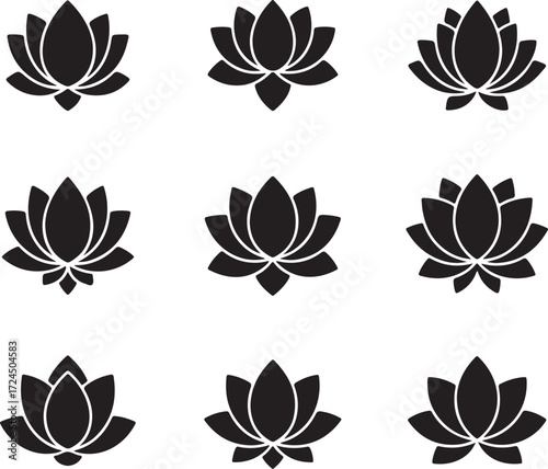 Lotus Flower Variations: A stunning assortment of nine exquisite lotus flowers, delicately illustrated in monochrome, each representing a different stage of bloom, poised on a stark, solid background.