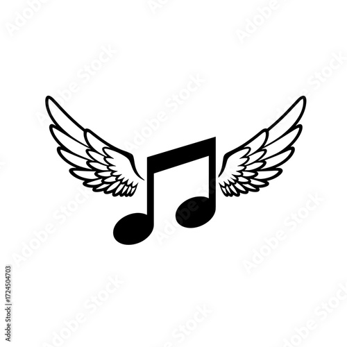 A musical note is depicted with pair of feathered wings attached on either side, seemingly ready for flight against the plain white background. Gospel concept.