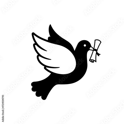 A monochrome drawing shows black dove, its wings partially white, carrying rolled-up message tied with ribbon in beak, against stark white backdrop. Gospel concept.
