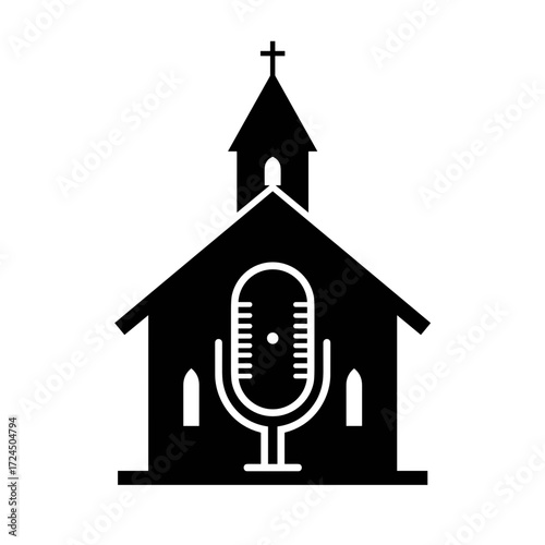 A black and white illustration features church silhouette, complete with steeple cross, prominently displaying microphone in its center, symbolizing religious broadcastin