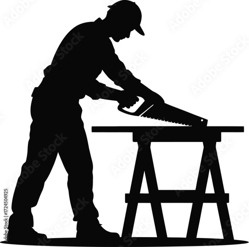 Man sawing wood in a bold black and white silhouette