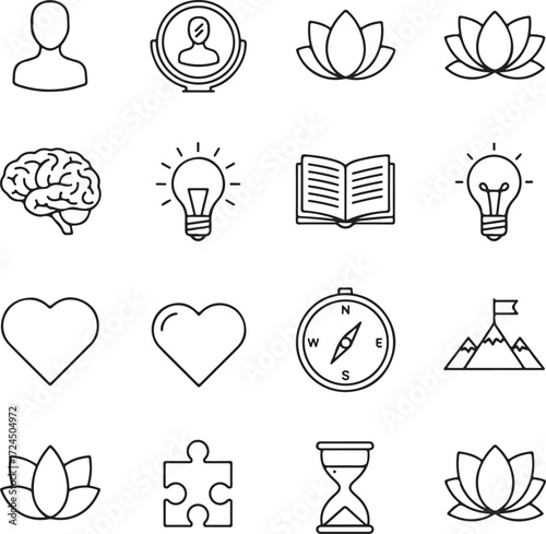 Contemplation of a New Journey: An inspiring illustration, a collection of carefully crafted symbolic icons that invite reflection and spark intrigue.