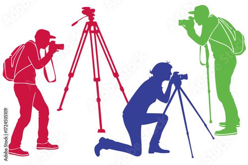 set of Photographer with tripod silhouette illustration isolated on white background