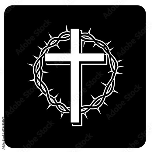 A white Christian cross is centered within spiky crown of thorns, all displayed against solid black square with rounded corners. Gospel concept.