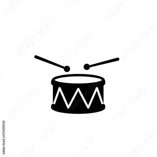 A simple black and white illustration depicts drum with two drumsticks positioned above, ready to strike rhythmic beat upon its surface. Gospel concept.