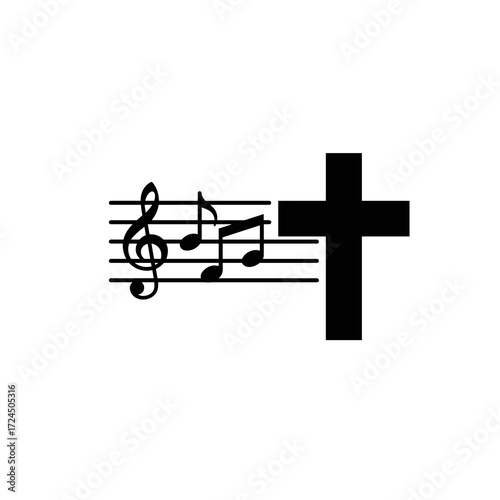 A black musical staff flows toward bold Christian cross, symbolizing the harmonious blend of faith and artistic expression. Gospel concept.