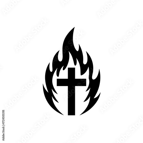 A stark black cross stands prominently, encircled by stylized flames, evoking themes of faith, sacrifice, and the eternal spirit. Gospel concept.