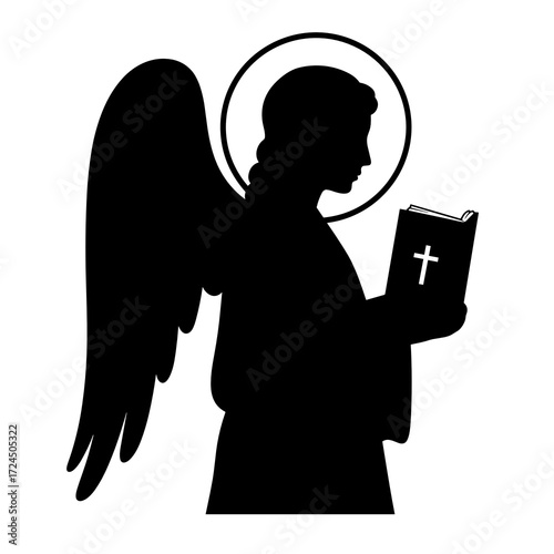 A monochrome silhouette depicts an angel, complete with halo and wings, reverently reading book adorned cross. Gospel concept.