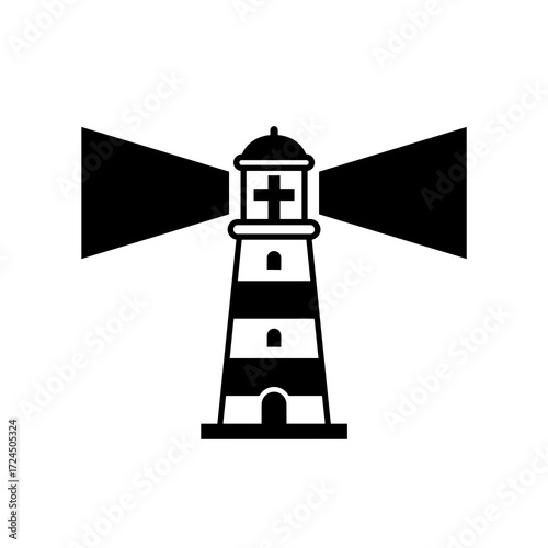 A striking monochromatic  displays striped lighthouse with cross at the top, emanating powerful beams of light on each side, set against bright white backdrop. Gospel concept.