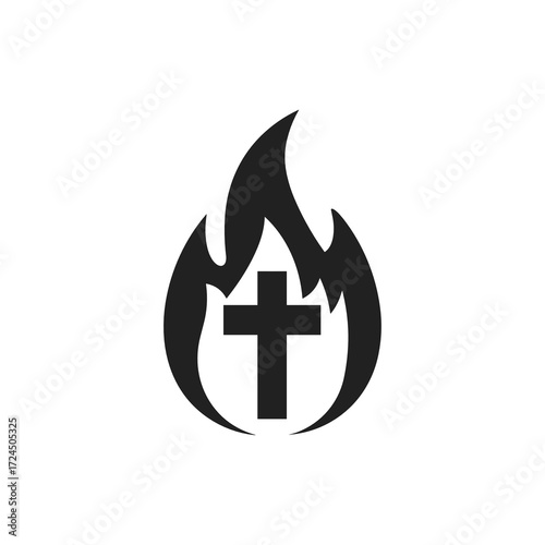 The Christian cross stands boldly centered within a stylized flame, creating symbolic representation of faith and burning passion on bright white background. Gospel concept.