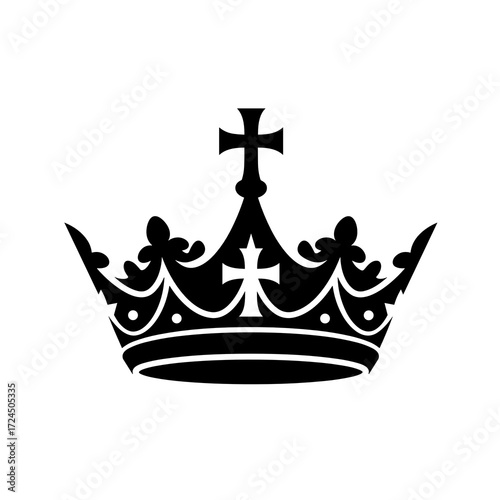 A black, stylized crown featuring crosses and fleur-de-lis emblems sits on plain white backdrop, representing power regality in minimalist fashion. Gospel concept.