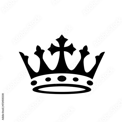 A graphic depiction shows simple, regal, black crown with cross-like element resting on top, all set against stark white background. Gospel concept.