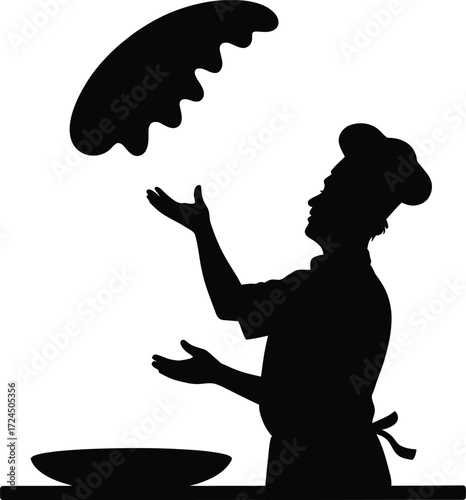 Dynamic silhouette of a pizza toss in black and white