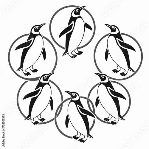 A charming circular arrangement of six stylized black and white penguins each within its own grey ring creating a whimsical and graphic pattern against a clean white background