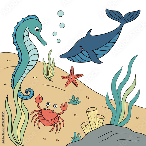 A charming cartoon illustration of a vibrant underwater scene featuring a friendly seahorse a playful whale a cute crab and a red starfish amidst seaweed and coral