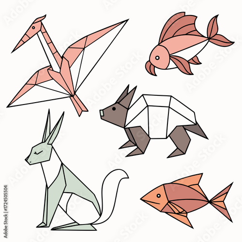 A charming collection of stylized origami animals including a pterodactyl a rabbit an armadillo and two fish all depicted with clean lines and soft pastel colors on a white background