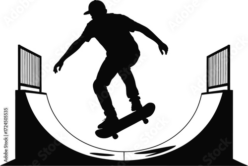 Dynamic black and white silhouette of a skater on a ramp
