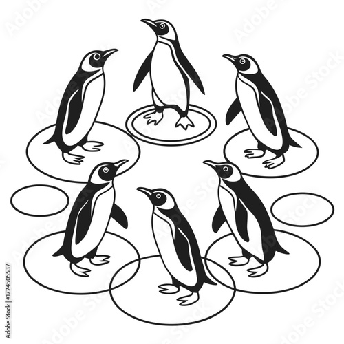 A charming group of six stylized black and white penguins stand in a circular formation on individual rings against a clean white background