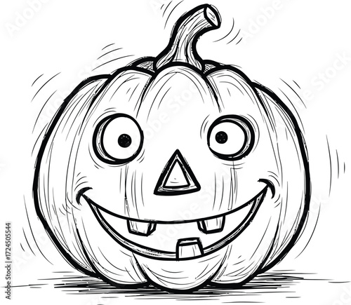 A black and white drawing of a jack o lantern with a triangular nose and a toothy grin on a white background