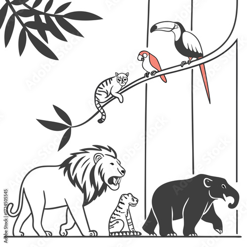 A charming collection of zoo animals including a lion elephant tiger monkey parrot and toucan depicted in a simple line art style with minimal color accents against a white background