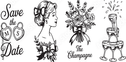Elegant save the date icons wedding cake champagne woman and flowers celebration wedding