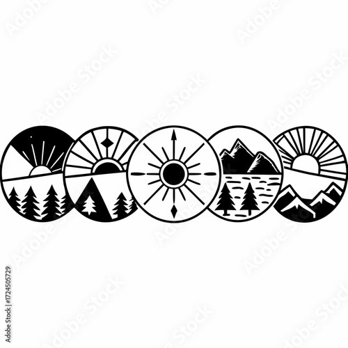 A circular graphic illustration featuring five distinct circular panels depicting nature scenes and a compass rose in a minimalist black and white style
