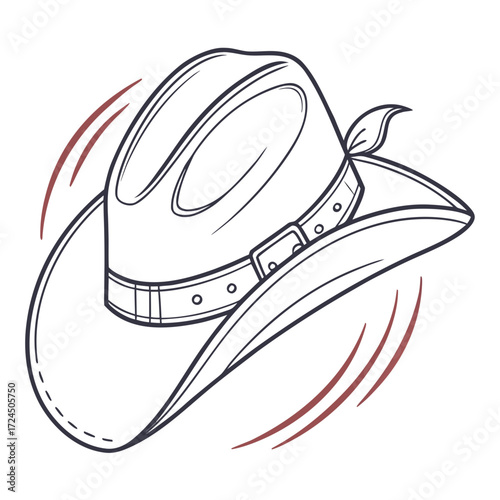 A classic cowboy hat with a bandana and belt buckle detail depicted in a simple line art style with subtle motion lines