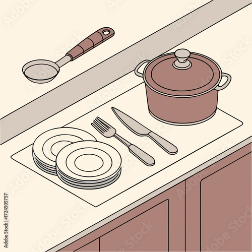 A clean kitchen counter displaying a stack of plates a fork and knife set a cooking pot with lid and a ladle ready for meal preparation or serving