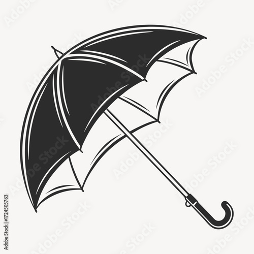 A classic black umbrella with a curved handle is depicted in a simple elegant illustration against a plain background conveying a sense of protection and style