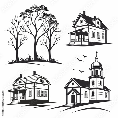 A collection of black and white silhouette illustrations featuring two houses a church and trees with grass and birds in the sky