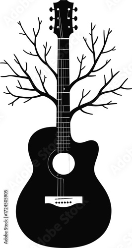 Black and white silhouette of a tree with guitar branches