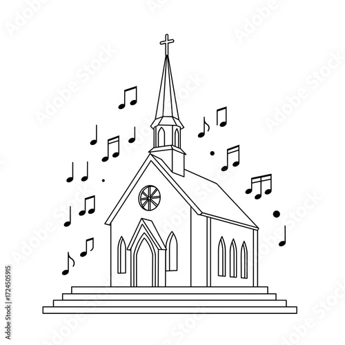 A black and white sketch shows church with cross atop its steeple, surrounded by various musical notes implying it may be filled singing. Gospel concept.