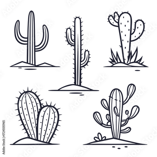 A collection of five distinct black and white line art illustrations of various cactus plants in a desert landscape setting