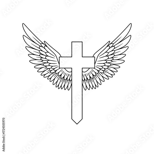 A stylized black outline shows cross with outstretched wings symbolizing faith, spirituality, and the divine connection between heaven earth. Gospel concept.