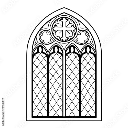 The black and white illustration depicts a gothic-style arched window with diamond panes decorative quatrefoil cross design at its apex. Gospel concept.
