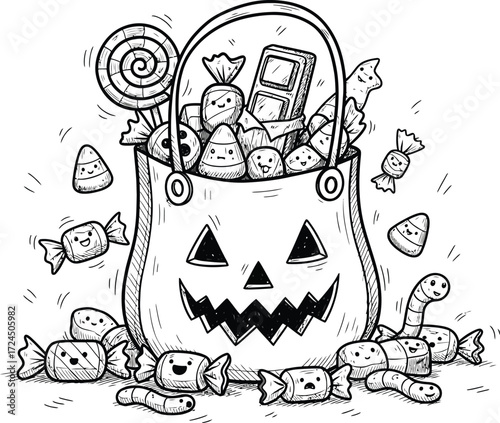 A black and white illustration of a halloween bag filled with candy and treats with a jack o lantern face